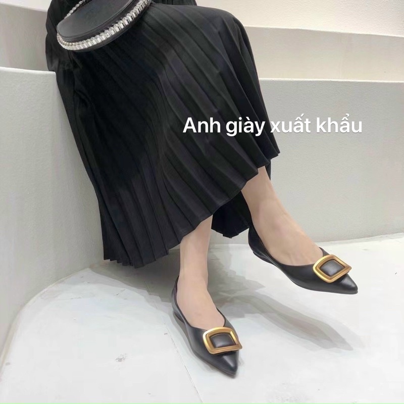 GB49 - Giày búp bê, giày bệt mũi nhọn da lì nơ khoá vuông siêu mềm dẻo hàng quảng châu cao cấp ( ảnh thật, kèm video)