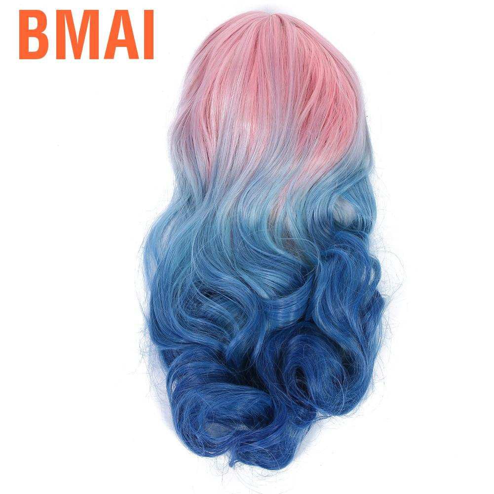 Bmai Hair Wigs  Long Curly Wavy Women Female Synthetic Purple Blue Gradient
