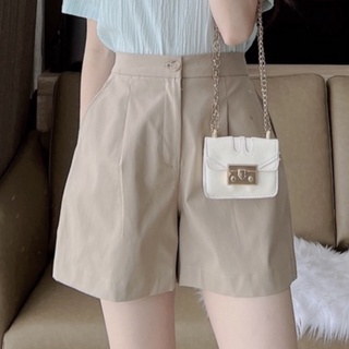 Quần shorts nữ ống rộng kaki basic, Quần đùi nữ cạp cao khóa kéo lưng thun lật line