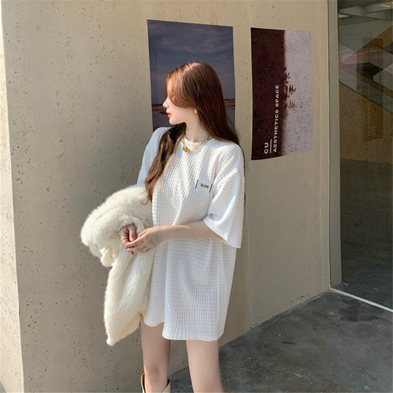 Xiaozhainv Áo Thun Ngắn Tay Form Rộng Họa Tiết Sọc Caro Phong Cách Hàn Quốc