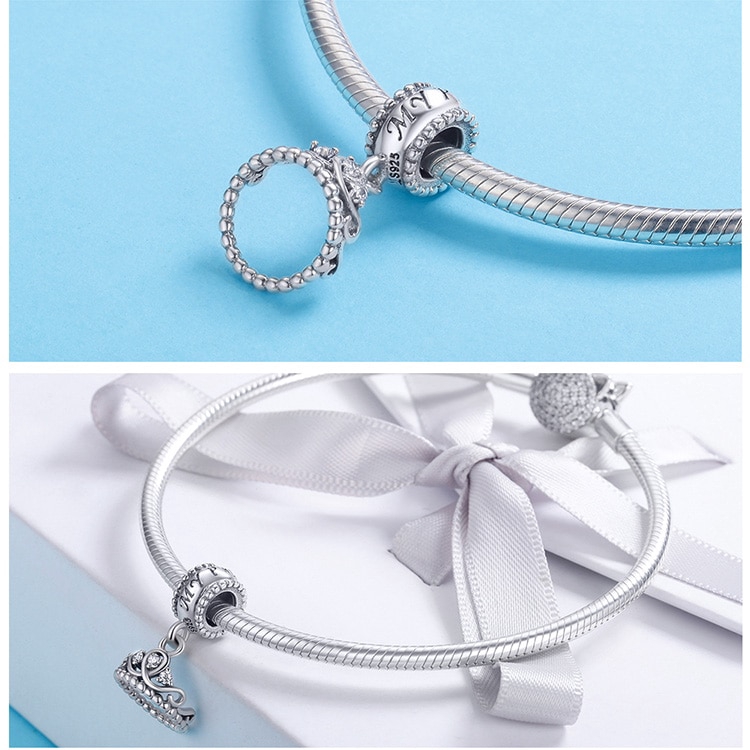 Hạt charm Bamoer hình vương miện phối đá lấp lánh phụ kiện trang trí trang sức DIY