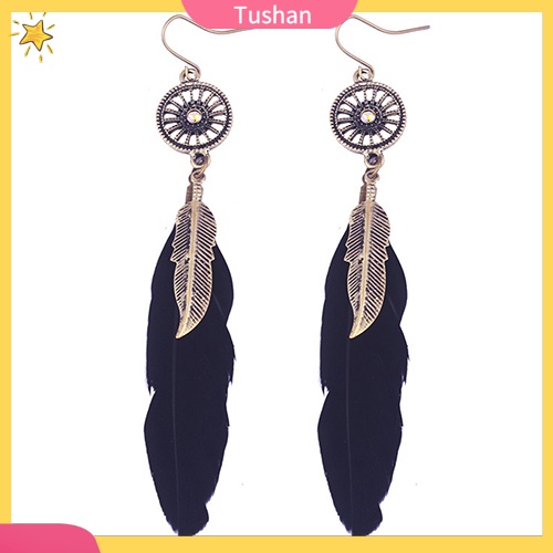 Khuyên tai hợp kim phối lông vũ thời trang vintage