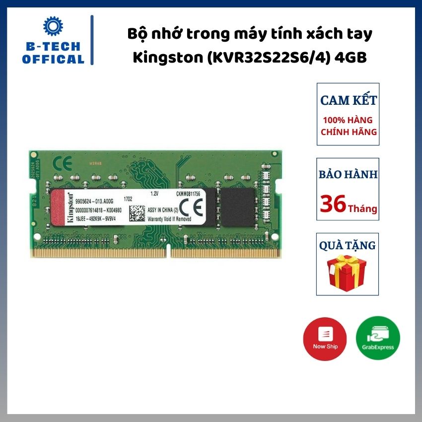 Bộ nhớ trong máy tính xách tay Kingston (KVR32S22S6/4) 4GB (1x4GB) DDR4 3200Mhz - Hàng chính hãng