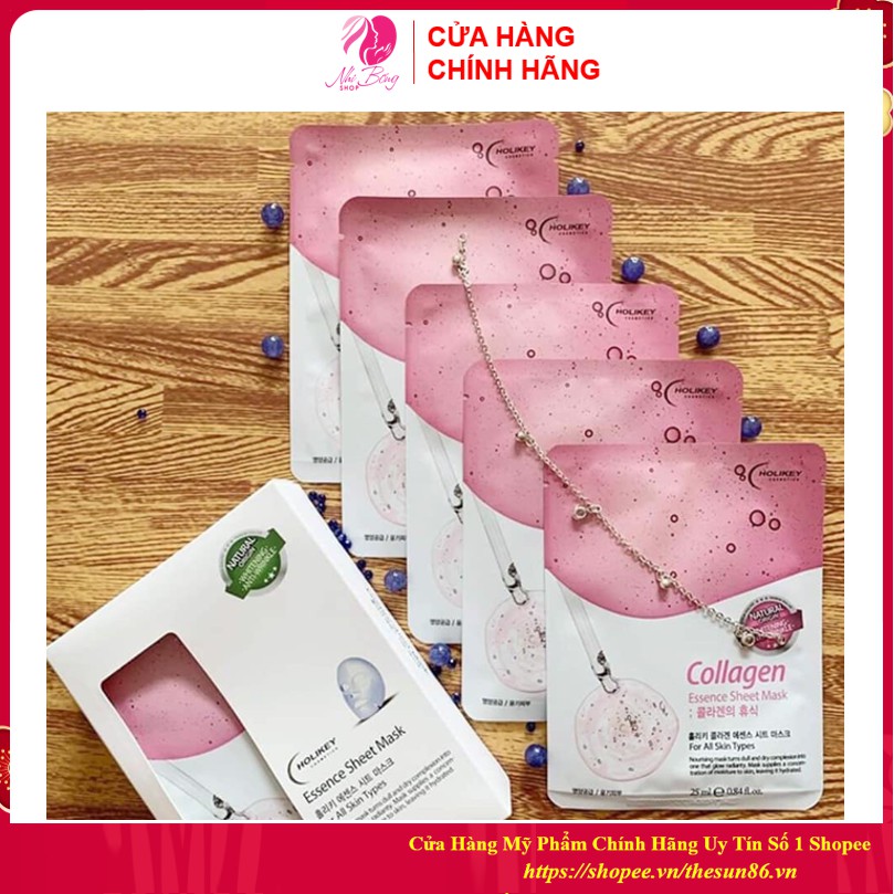 Hộp 10 Túi Mặt nạ giấy - Mặt nạ collagen dưỡng trắng da chiết xuất từ Collagen làm căng &amp; trắng da Holikey Hàn Quốc