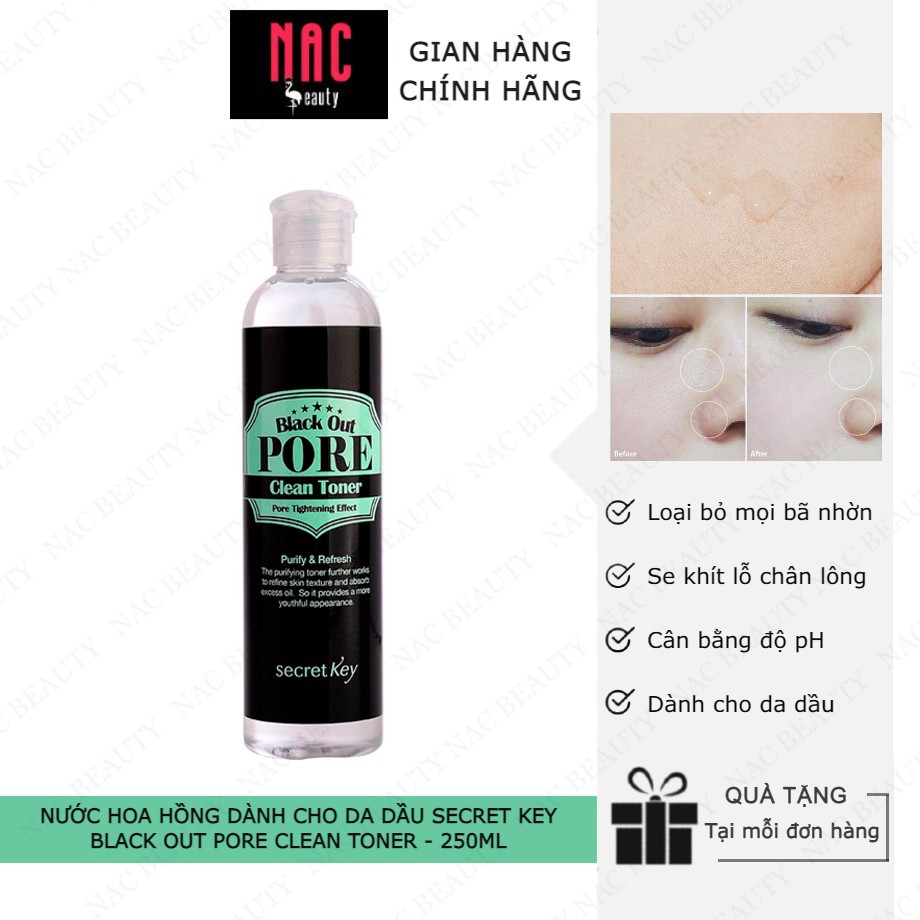 Nước hoa hồng cân bằng da, se khít lỗ chân lông dành cho da dầu Secret Key Black Out Pore Clean Toner 250ml