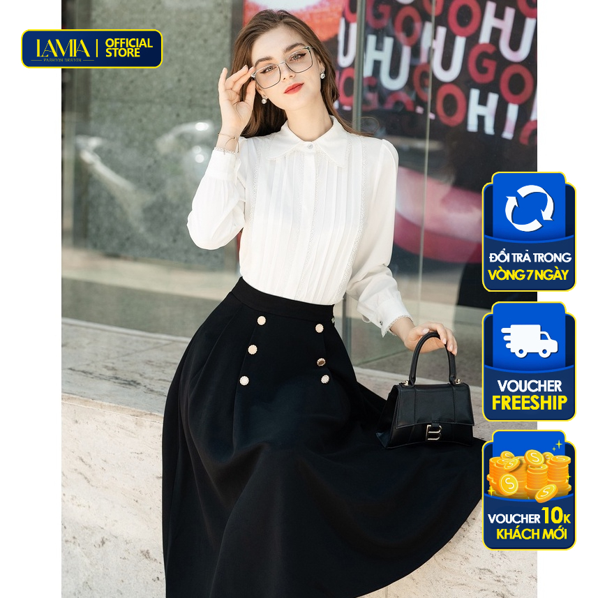 Áo sơ mi nữ Lamia Design LA309 chiffon Hàn màu trắng xếp ly dọc đẩy bồng điệu đà