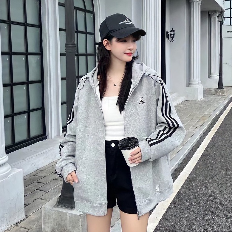 Áo Khoác Nỉ Form Rộng Sọc Tay, Áo Khoác Thể Thao Unisex Dây Rút Mũ 2 Lớp Phong Cách Hàn Quốc