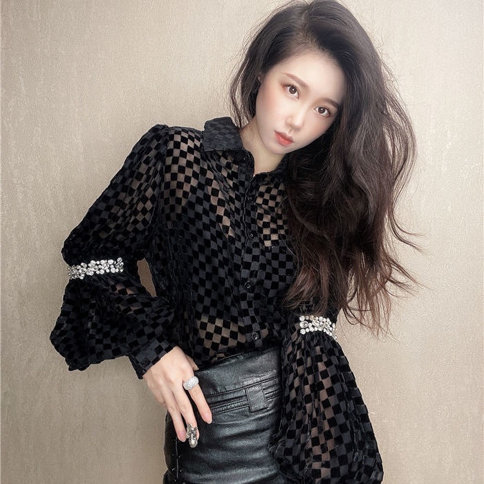 Áo sơ mi tay phồng khảm hạt kim cương thủ công phong cách mùa thu dễ phối đồ cho nữ