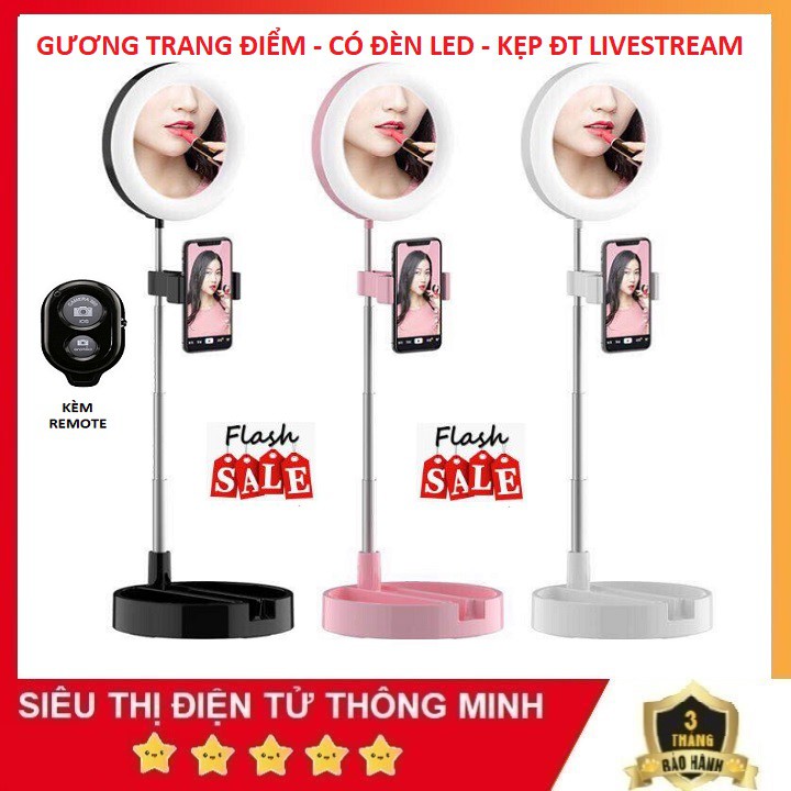 Gương Tròn Trang Điểm, Có Đèn Led Chỉnh 3 Màu, Tăng Giảm Chiều Cao, Gấp Gọn, Livestream, Tiktok, Bigo, FB