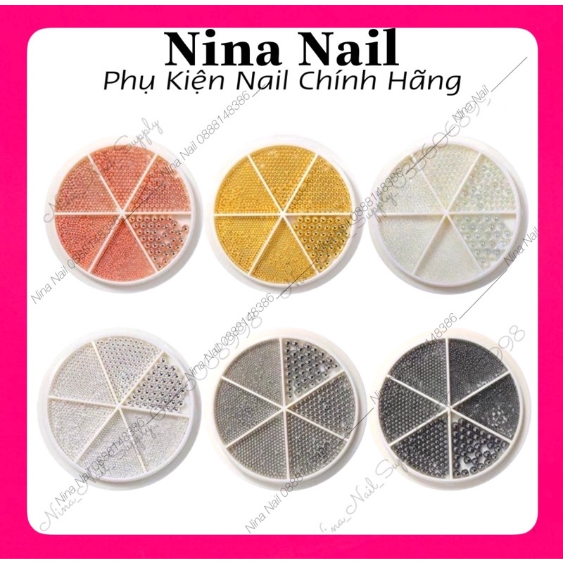 Set Bi Nail Trang Trí Móng Kim Loại Khay Tròn 6 Ngăn Mix Size