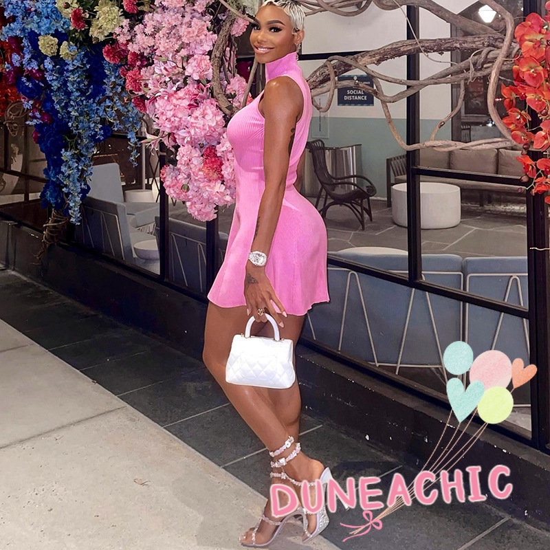 Đầm Sát Nách Cổ Cao Xếp Ly Màu Trơn Phong Cách Đường Phố Cho Nữ