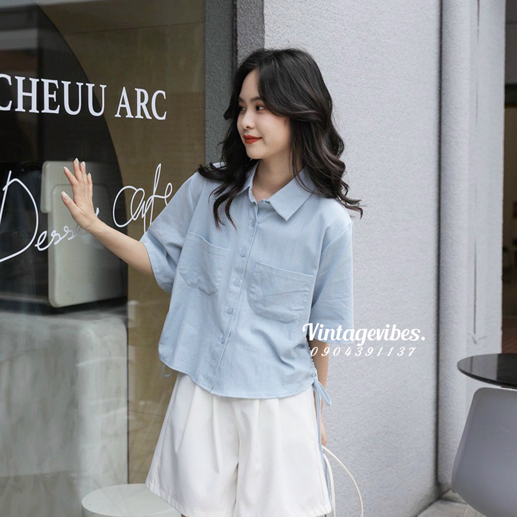 Áo sơ mi Hàn Quốc, Áo sơ mi cộc tay dáng lửng buộc sườn 2 màu pastel