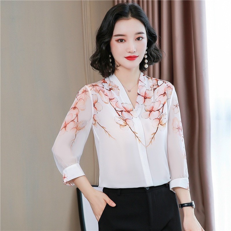 sơ mi nữ dài tay cổ v vai in hoa chất liệu nhẹ thoáng mát