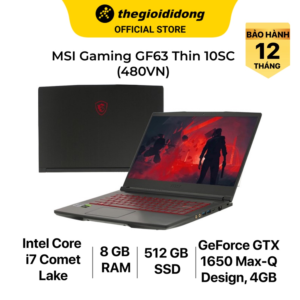 Laptop MSI GF63 Thin 10SC i7 10750H/8GB/512GB/4GB GTX1650 Max-Q/15.6&quot;F/144Hz/Balo/Chuột/Win10/(480VN)/Đen