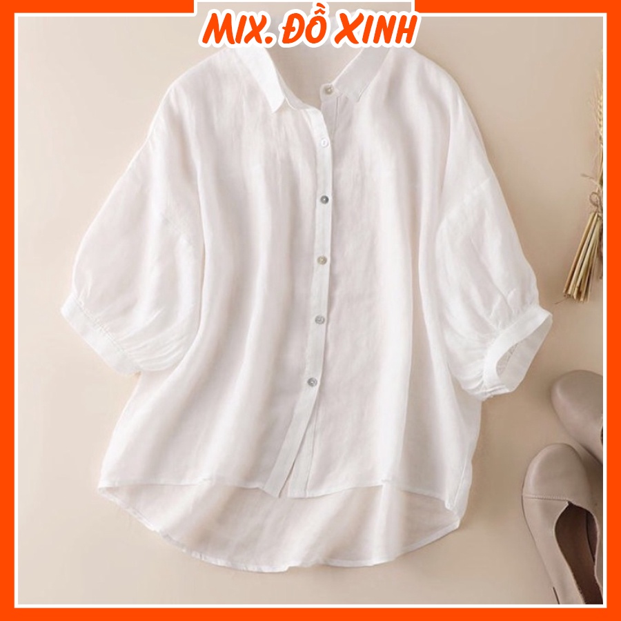 Áo sơ mi đũi nữ tay lỡ cổ đức Thu Hà kiểu dáng trẻ trung size vừa từ 40 đến 95kg SMH.38