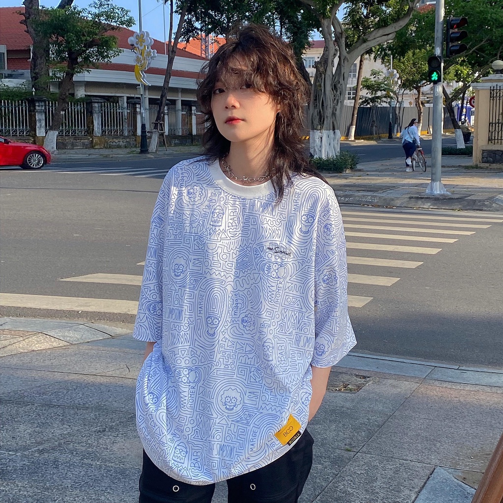 Áo Thun BOO Unisex Dáng Oversize, Cotton Cao Cấp In Tràn Pattern Họa Tiết The Simpsons BZL