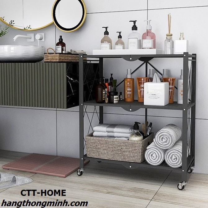 Kệ Thép 3 Tầng Để Đồ Đa Năng Gấp Gọn Có Bánh Xe