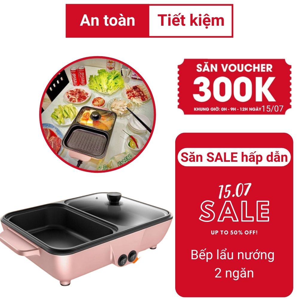 Bếp lẩu nướng 2 ngăn Hàn Quốc, Nồi lẩu 2 in 1 siêu chống dính đa năng_Bảo hành chính hãng 6 tháng