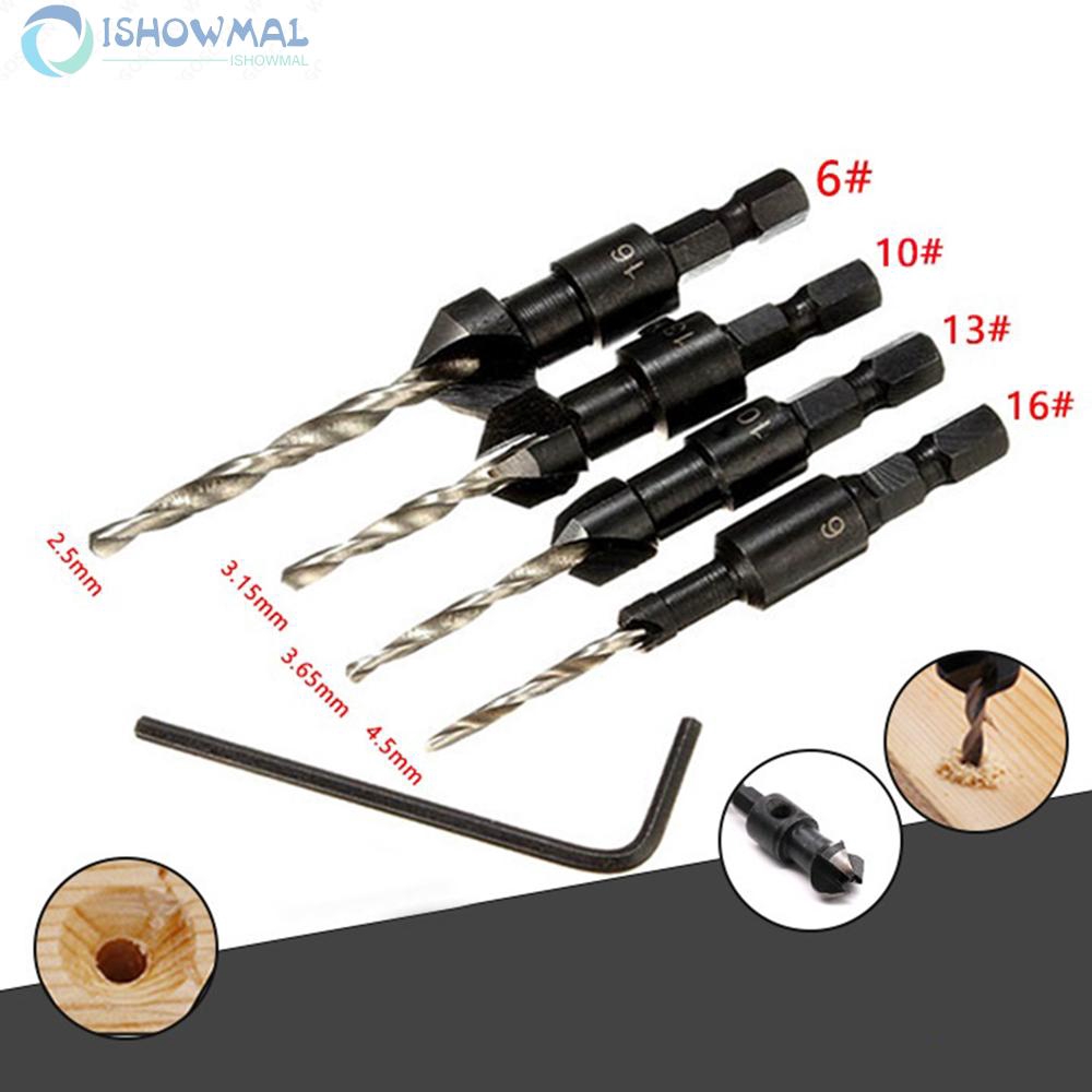 Countersink Drill Bit Tools 4pcs Supplies Quick Change Screw Plastic board Workshop High-speed steel 6/10/13/16