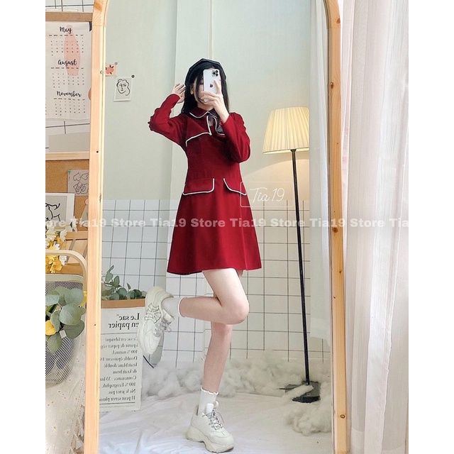 Váy đỏ nhung viền dài tay Tia19. Đầm đỏ Tết dáng ngắn ulzzang
