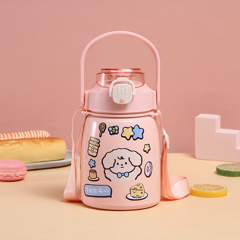 Bình giữ nhiệt cute inox 304 1000ML Daisy Decor bình nước cho bé - có dây đeo và sticker 2D