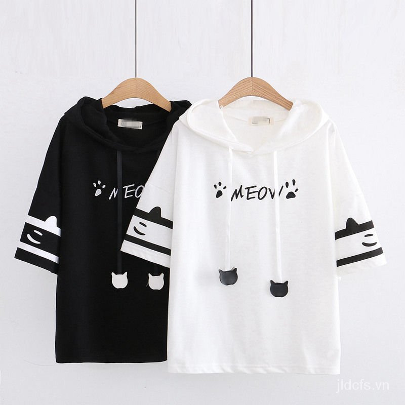 Áo hoodie ngắn tay thêu hình chân mèo xinh xắn phong cách Harajuku Nhật Bản dành cho nữ