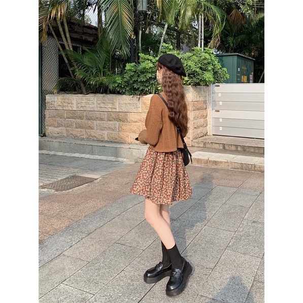 Set Áo Cardigan Lửng + Váy Hoa Nhí Hai Dây Xinh Xắn