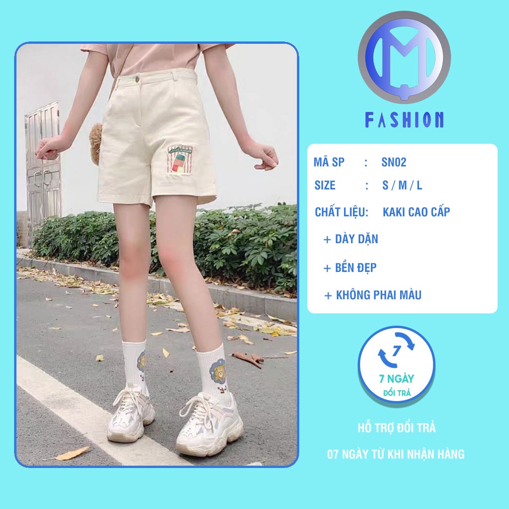 Quần đùi Nữ ống rộng lưng cao hàn quốc kaki đắp hoạ tiết ấn tượng M Fashion SN02