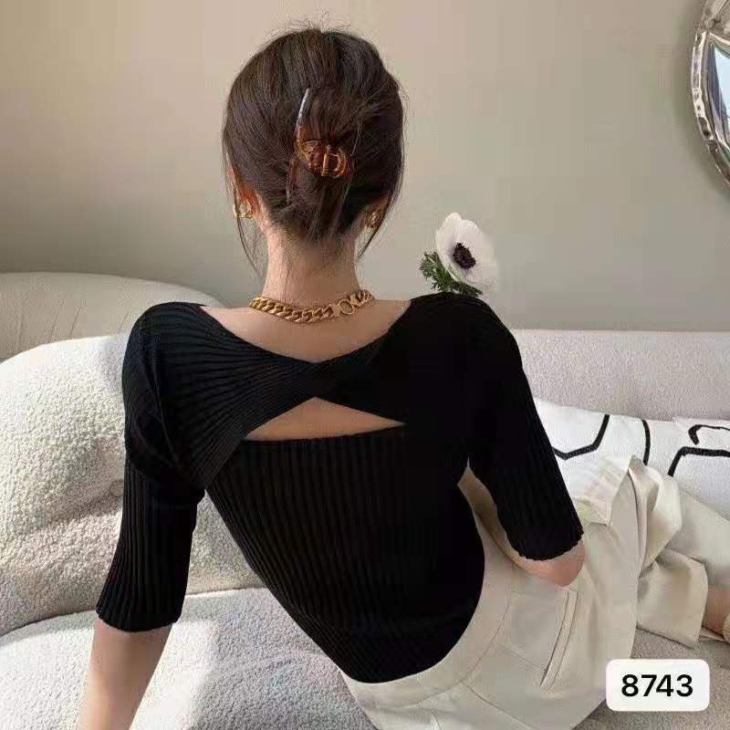 Áo Thun Dệt Kim Tay Lửng Cổ Tròn Màu Sắc Trơn Thời Trang Mùa Hè Phong Cách Hàn Quốc Dành Cho Nữ