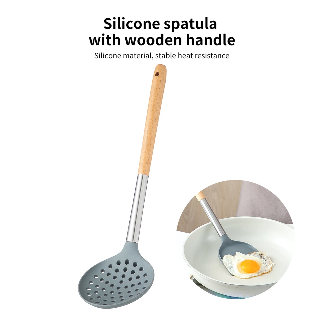 JUJIAJIA nấu ăn bằng silicon tay cầm gỗ dài chống dính tiện dụng nhà bếp