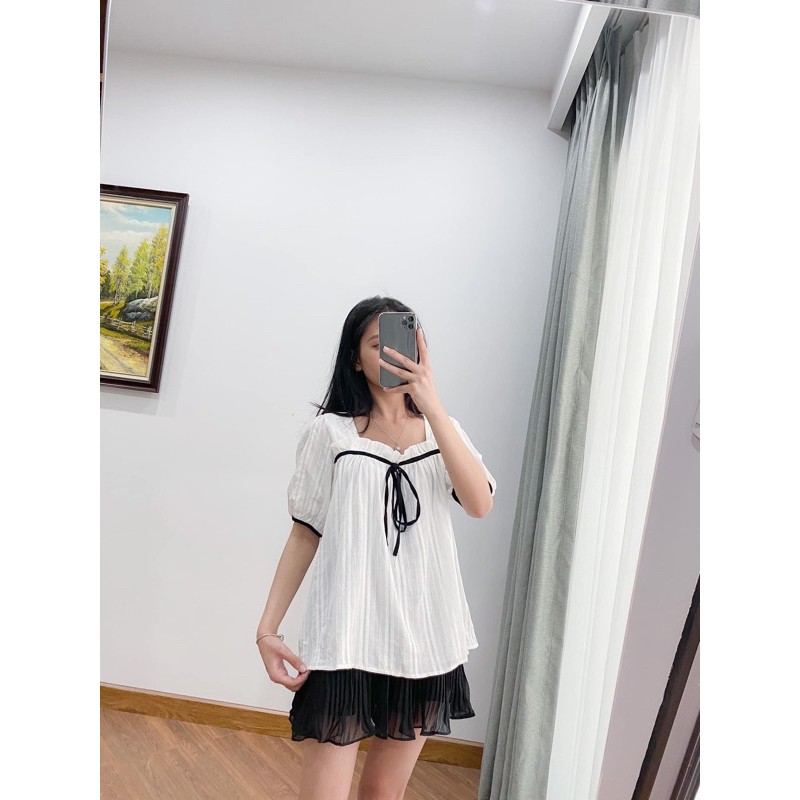[Ảnh thật/Video]Áo sơ mi babydoll Fiona cổ bèo vuông phối nơ đen tiểu thư Áo somi Quảng Châu loại đẹp