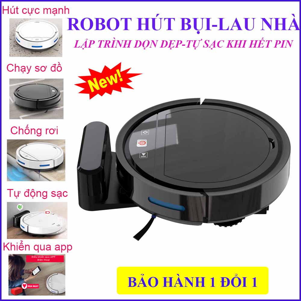 Robot Lau Nhà Hút Bụi, Robot HC002. Điều khiển qua APP điện thoại, lực hút mạnh, chông rơi, tự sạc, chạy lập trình
