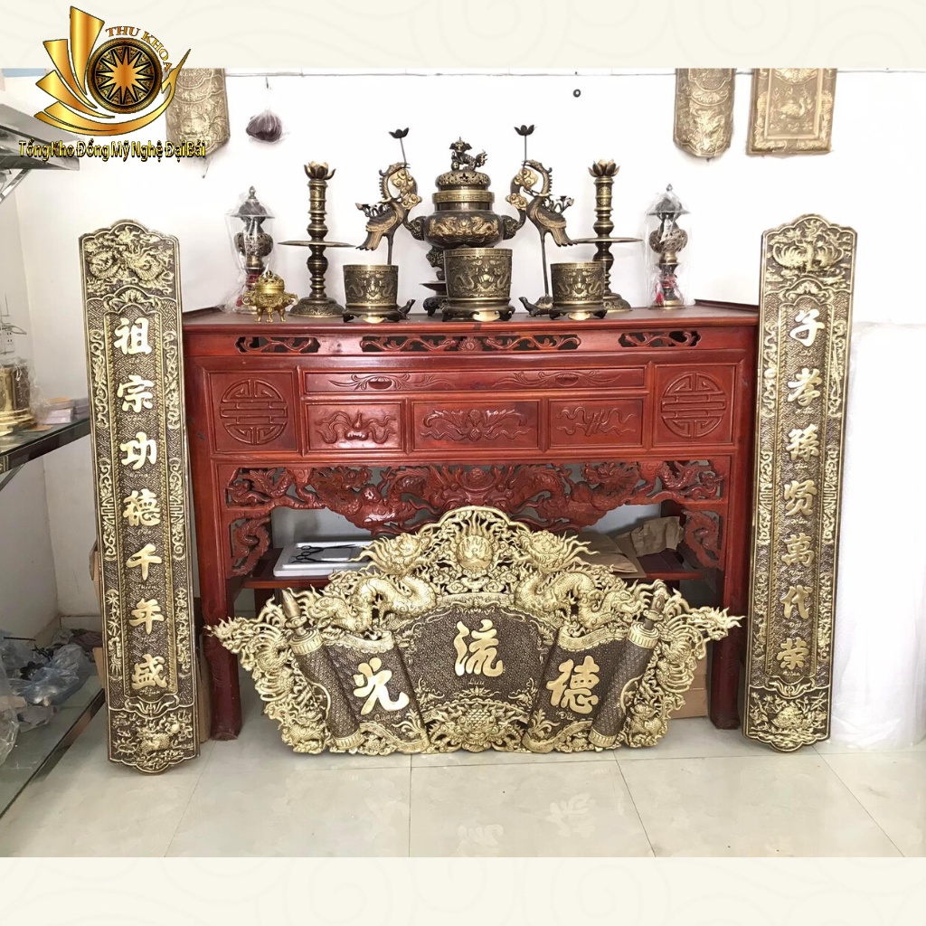 Hoành Phi Câu Đối Cuốn Thư 1m55, 1m76 Hun Màu Giả Cổ Bằng Đồng Vàng Cao Cấp Giá Rẻ - Đồ Đồng Đại Bái Freeship
