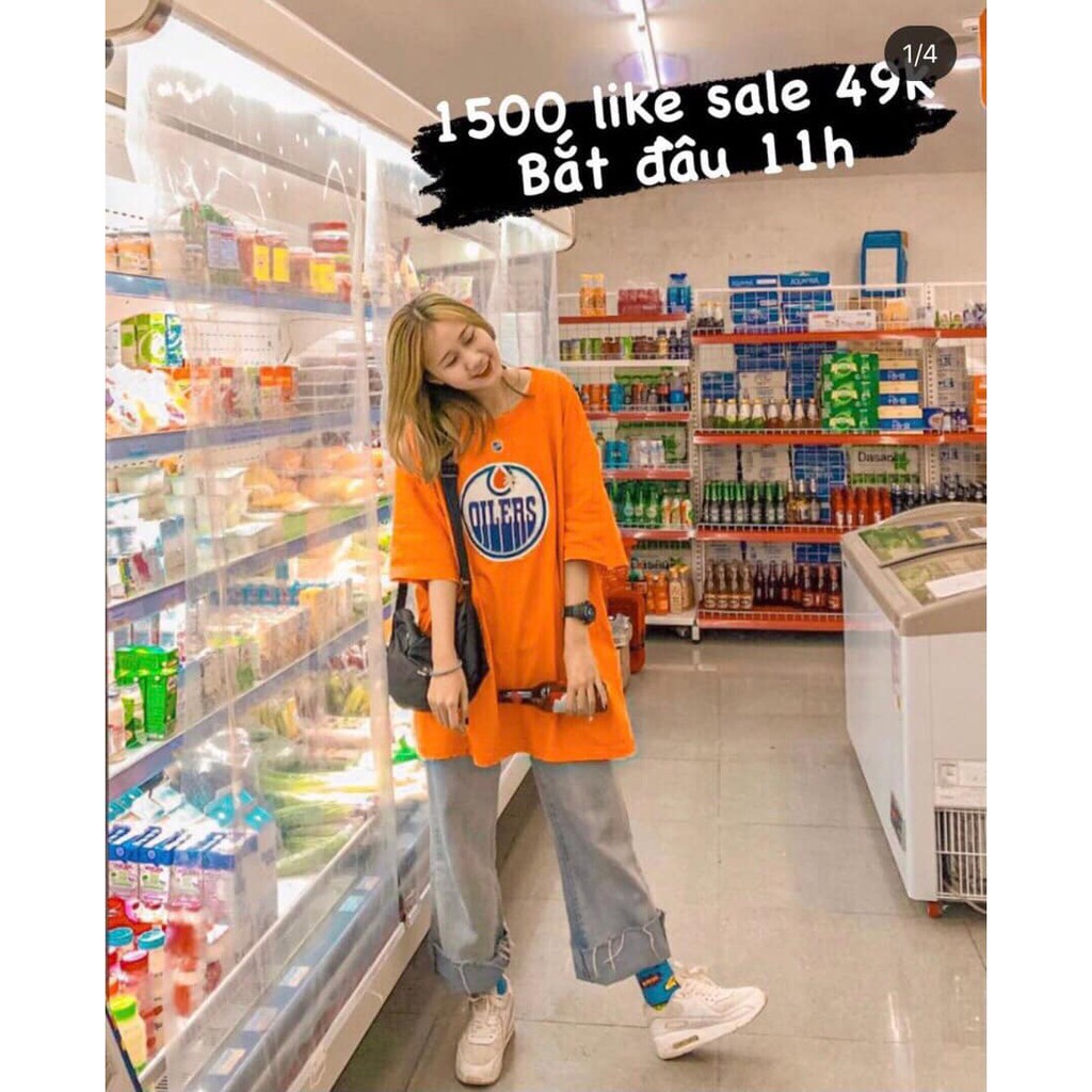 Áo Phông Form Rộng In Hình OILERS 🎁 Nana's House 🎁 Thun cổ tròn oversize màu cam nổi bật, cá tính | BigBuy360 - bigbuy360.vn