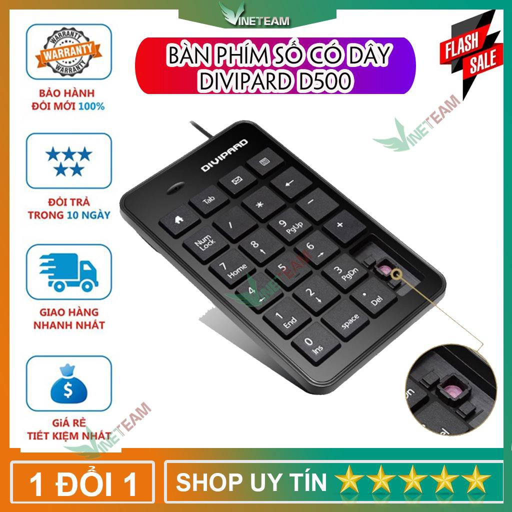 Bàn phím số có dây, cổng kết nối USB DIVIPAD D500 cho máy tính bàn, laptop