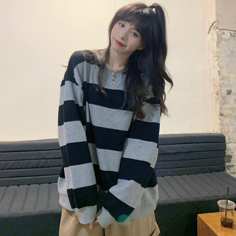 Áo sweater tay dài cổ tròn kẻ sọc thời trang retro cá tính