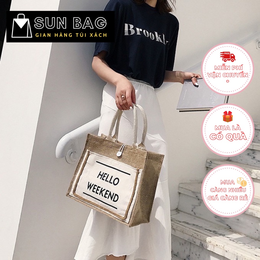 Túi Tote vải nữ, túi đi chơi, đi học, vải cói cao cấp size 34cm SB220