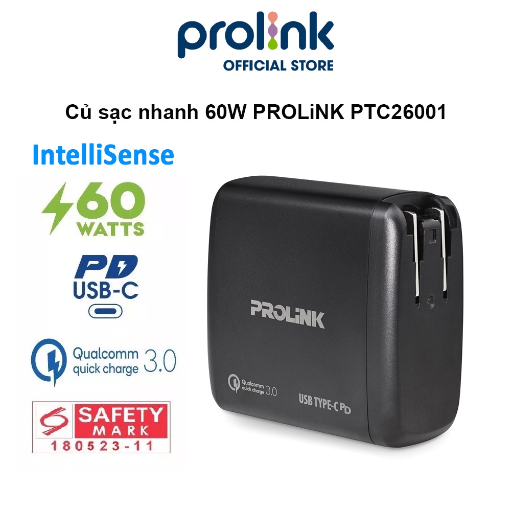 Củ sạc nhanh 60W PROLiNK PTC26001, 2 cổng USB-A QC 3.0 & USB-C PD 3.0, IntelliSense, dùng cho điện thoại, iPad, Laptop