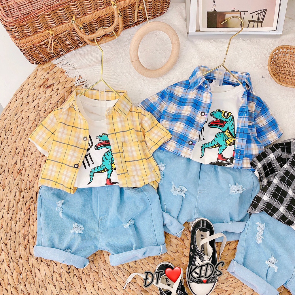 BOT24 - Bộ bé trai, bộ 3 chi tiết, Quần đùi Jean + áo thun cotton + áo sơ mi cộc tay bé trai từ 8-21kg