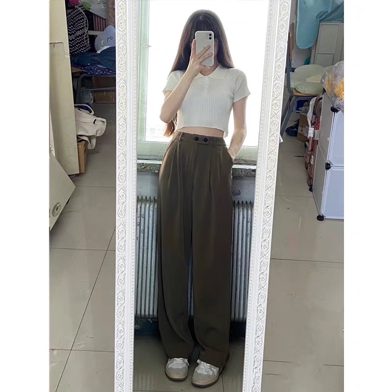 set quần vải cạp cao ống suông hack dáng màu và áo croptop thun gân cổ đức phối cúc ulzzang hàn quốc
