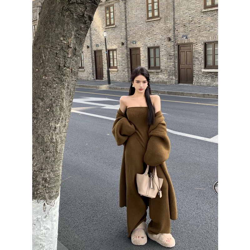 One-piece / suit autumn and winter new knitted medium-and long-style coat + irregular bra vest + long trousers