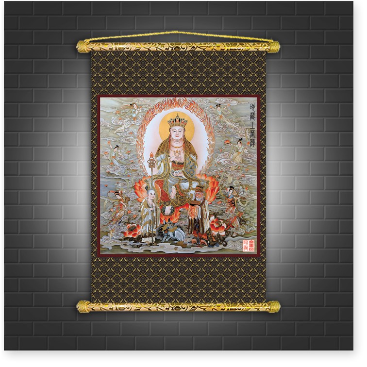 Tranh Liễn Phật Giáo - Địa Tạng Vương Mục Kiền Liên Bồ Tát  – Vải canvas cao cấp nẹp sáo gỗ tự nhiên nhiều mẫu thiết kế