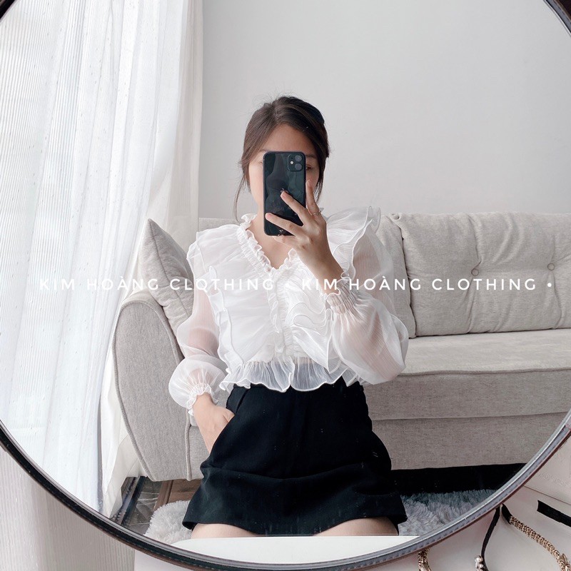 Áo sơ mi tiểu thư nữ bèo nhún kiểu trễ vai tay bồng bánh bèo | BigBuy360 - bigbuy360.vn