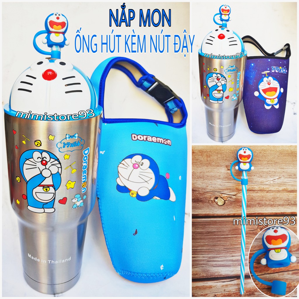 《ỐNG HÚT NHỰA CÓ NÚT ĐẬY MON》 KÈM BỘ LY GIỮ NHIỆT DORAEMON 900ML