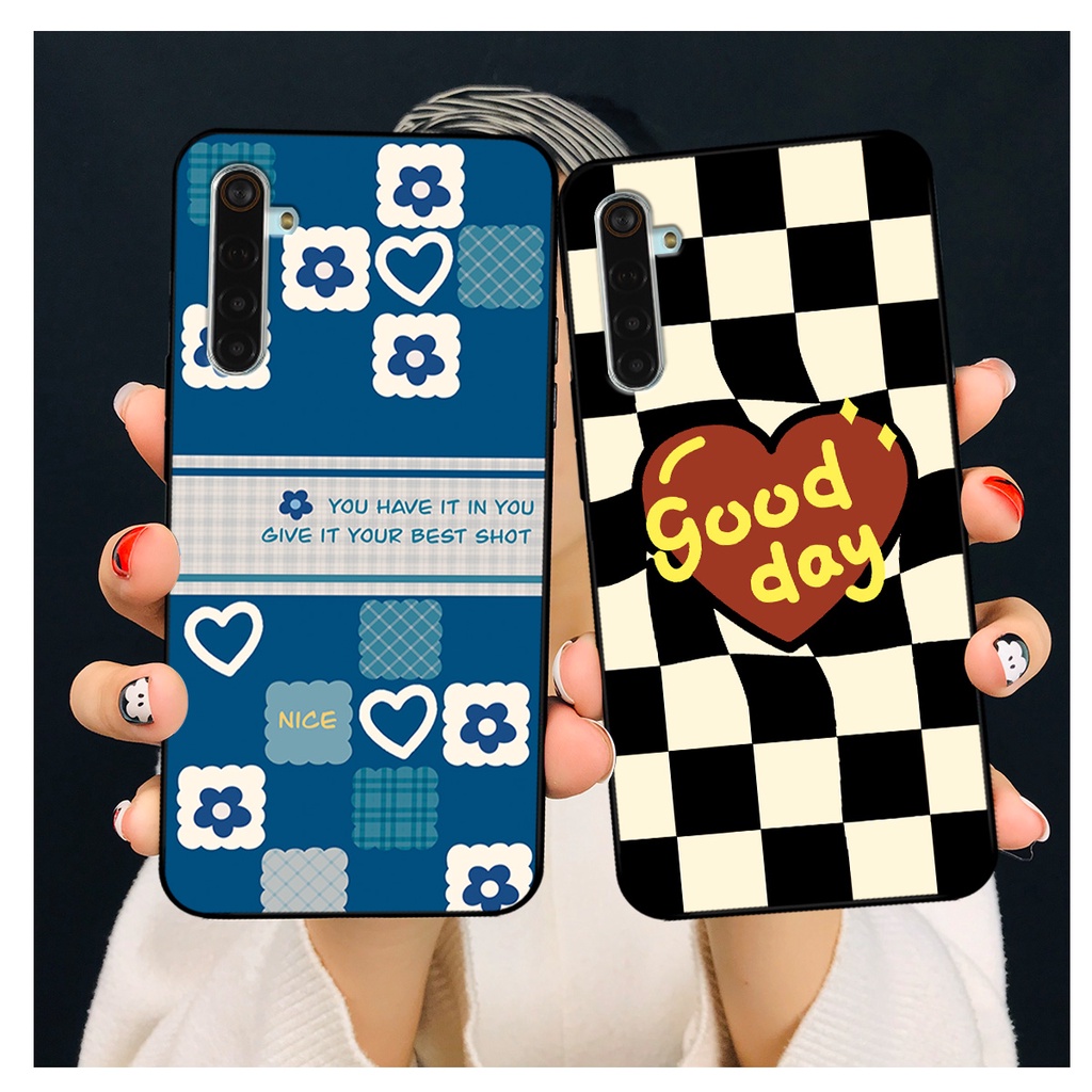 Ốp lưng Realme 6 - Realme 6 Pro in hoạ tiết caro trái tim đen trắng, gấu bear cute đáng yêu