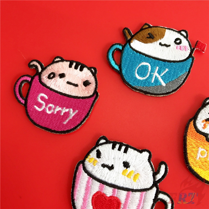 Set 1/4 miếng vá thêu/ủi quần áo họa tiết cốc nước mèo hoạt hình đáng yêu DIY