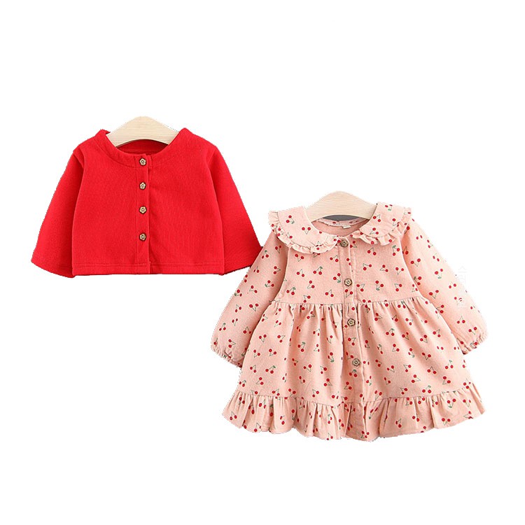 Set Váy Công Chúa Cherry Cổ Sen Mix Áo Khóa Len Cardigan Siêu Xinh (2-4 tuổi)