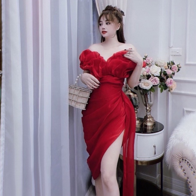 Đầm Dự Tiệc Body Trễ Vai Vải Tơ Organza Ánh Kim Xẻ Tà Nơ Eo, Váy Nữ Thiết Kế Sang Trọng, Kiểu Xoắn Bèo Ngực