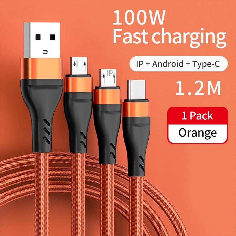 Dây Cáp Sạc Truyền Dữ Liệu Micro USB Type C 100W 3 Trong 1 Cho Điện Thoại iPhone 13 Pro Xiaomi Huawei 6A