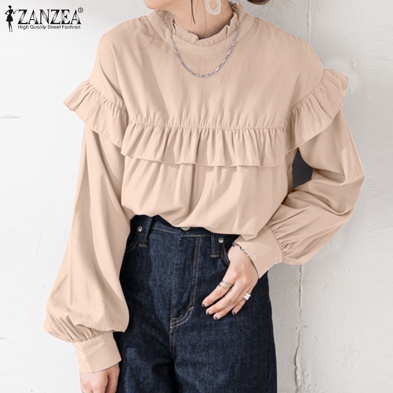 Áo kiểu ZANZEA đính nút tay phồng cổ tròn phối bèo màu trơn phong cách thường ngày retro cho nữ